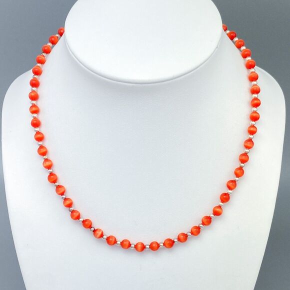 New Women's Sterling Silver 925 Red Synthetic Cat Eye Beaded Necklace 16-17.75" - Picture 1 of 4